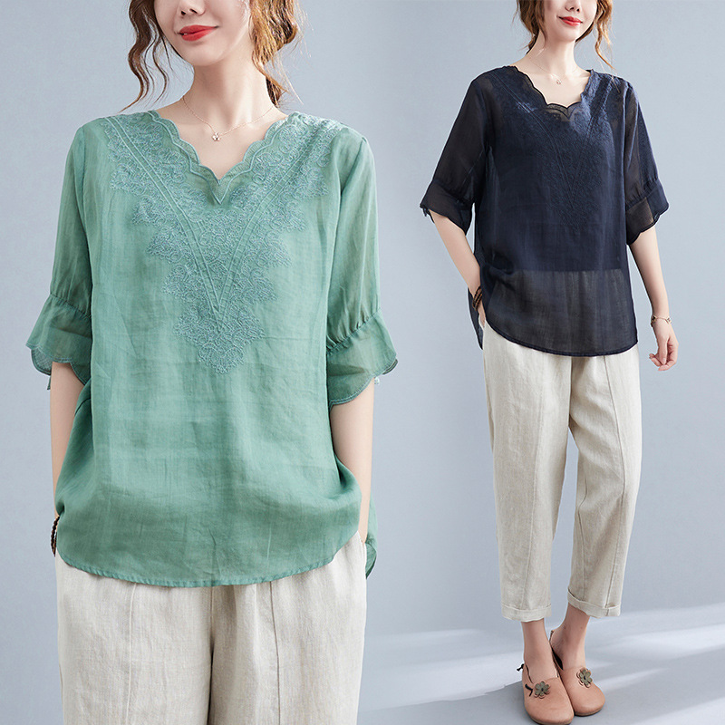 2021夏季新款韩版宽松大码休闲显瘦洋气刺绣女装胖MM复古棉麻T恤