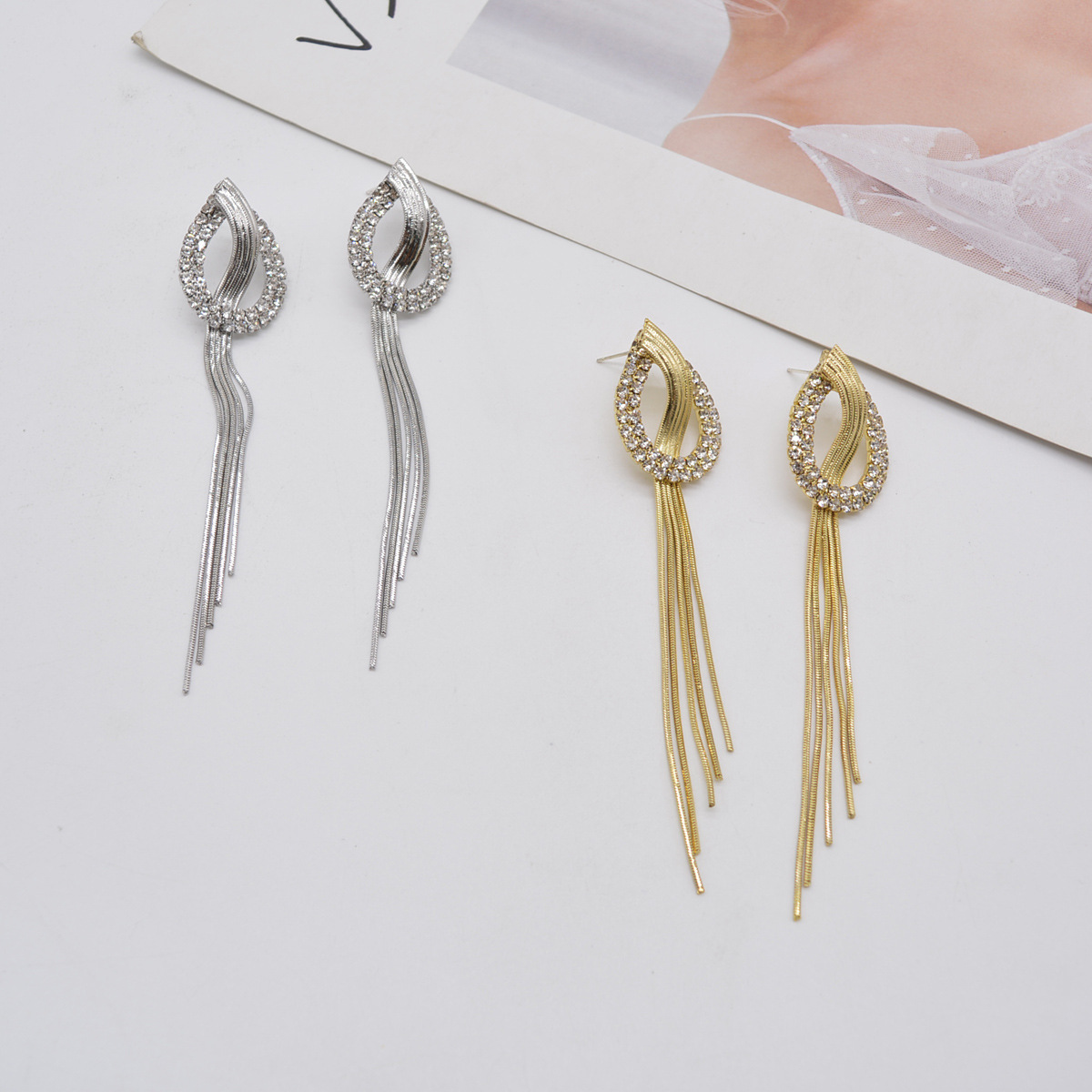 S925 Silver Needle Earrings Long Tassel Inlaid Rhinestone Knot Personality Exaggerated Temperament Earrings display picture 2