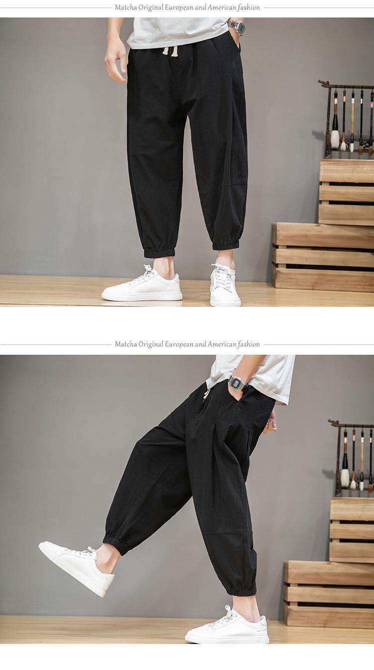 Pantalon lanterne en coton et lin de sport d'été à sept points, pantalon ample à la cheville Haren pour hommes_voghion.com