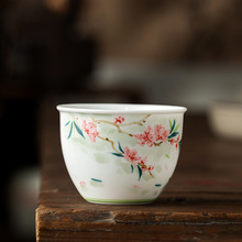 釉下彩手绘桃花白瓷家用茶杯陶瓷品茗杯主人杯功夫茶具单杯个人杯