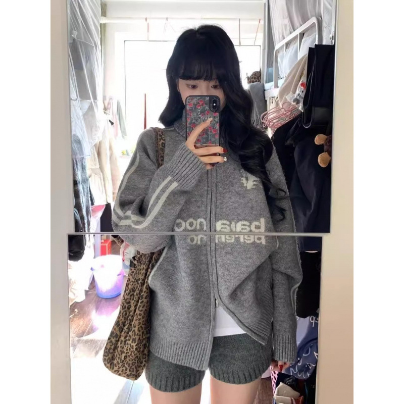 韩版棒球风翻领拉链毛衣开衫女外套2025秋冬装新款宽松灰色针织衫|undefined