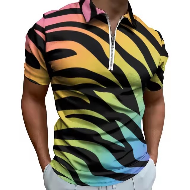 Camisa POLO con cremallera de manga corta suelta y transpirable con estampado 3D de graffiti a rayas irregulares de colores personalizados para hombres