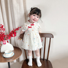 2025夏の新しいプリンセススカート子供女の子赤ちゃん半袖刺繍ワンピース中国式バックル襟夏服2709