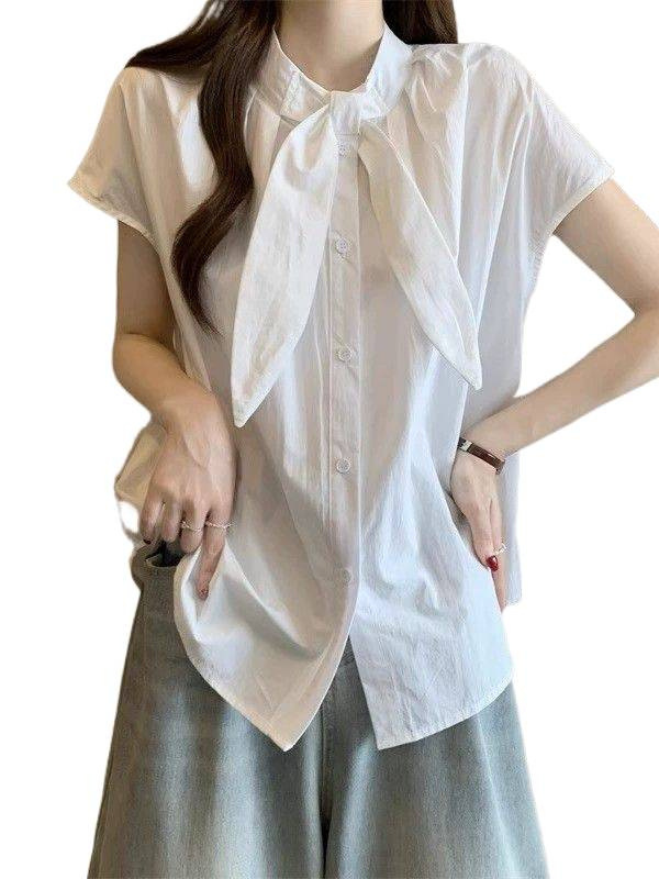 2025韩系纯色立领短袖衬衫女夏季温柔宽松衬衣设计感chic百搭上衣|undefined