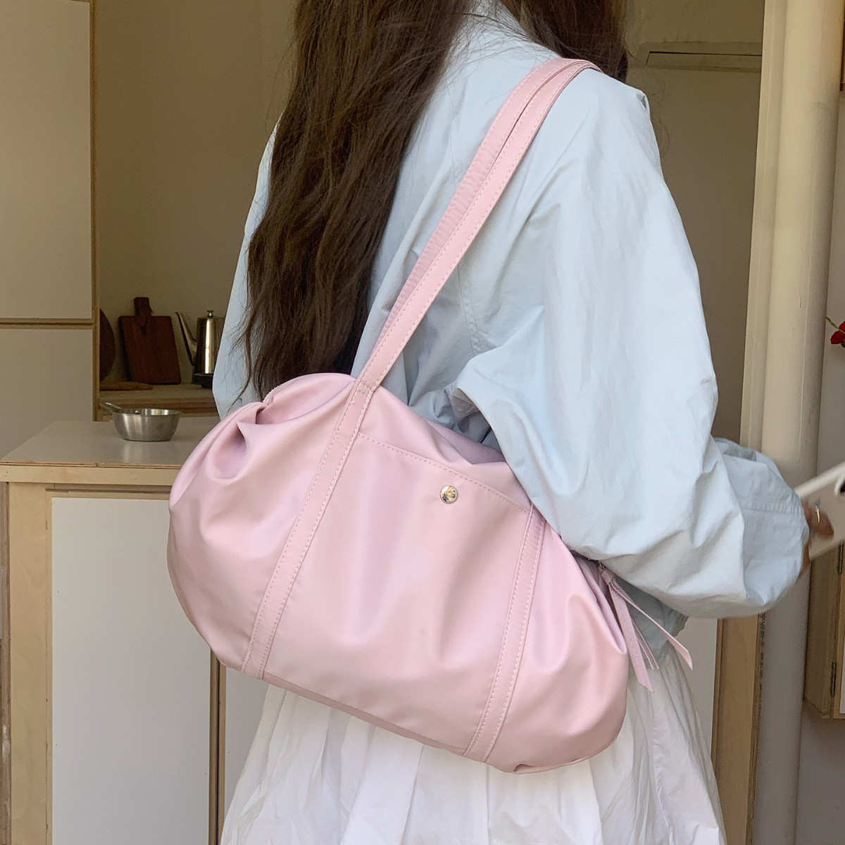 DIY Pleated Dumpling Bag Lightweight Nylon Ballet Yoga Bag Work Travel Tote Korean Style Large Capacity Shoulder Bag - Thumbnail 4