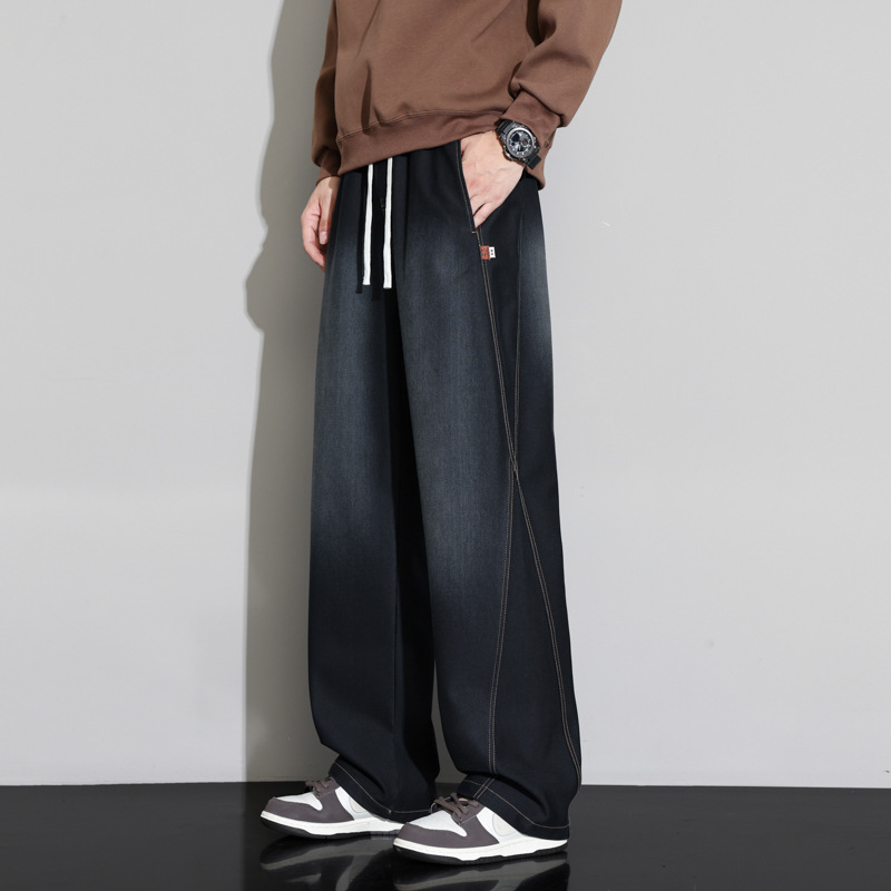 2026 Men's Straight Loose Wide-Leg Jeans for Teenagers, Plus Size, Elastic Waist, Stretch Pants