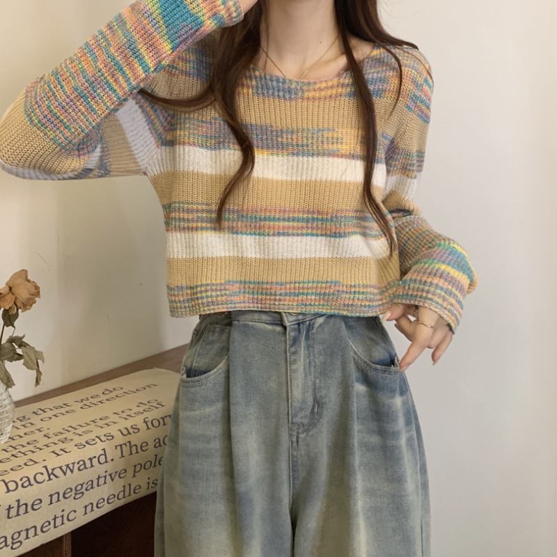 韩版方领毛衣女春秋季设计感彩虹条纹小众针织衫高腰短款长袖上衣