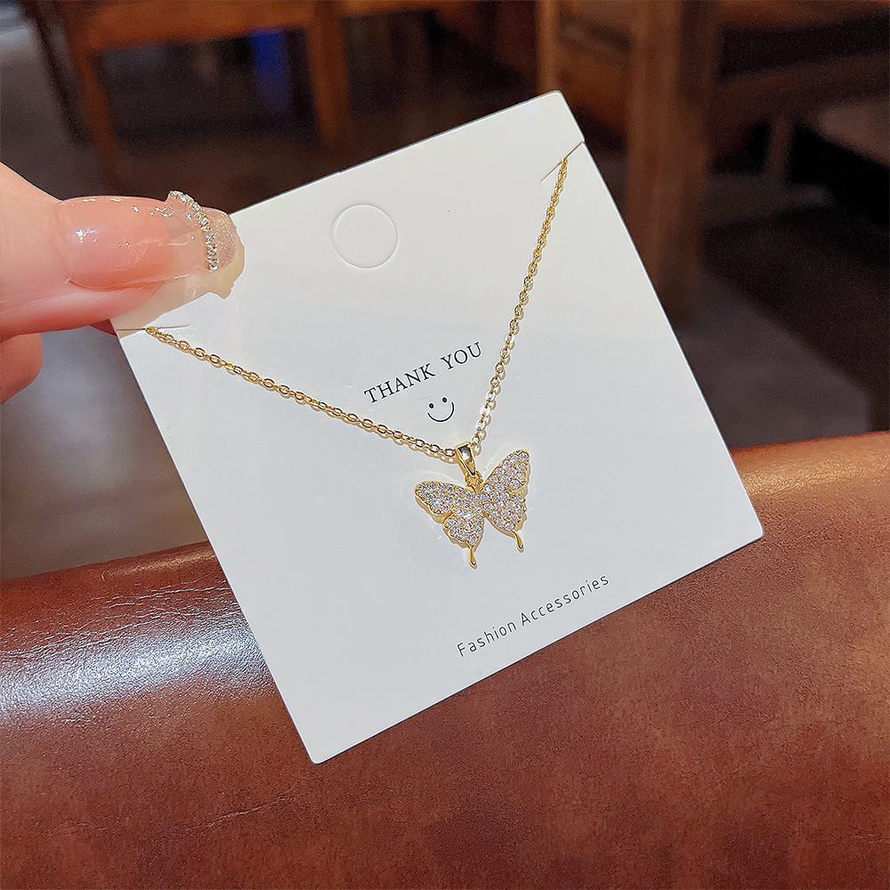 Fashion Butterfly Titanium Steel Inlay Zircon Pendant Necklace 1 Piece