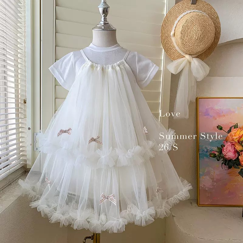 女童夏套装2026新款女孩夏季短袖T恤上衣洋气宝宝韩版网纱吊带裙