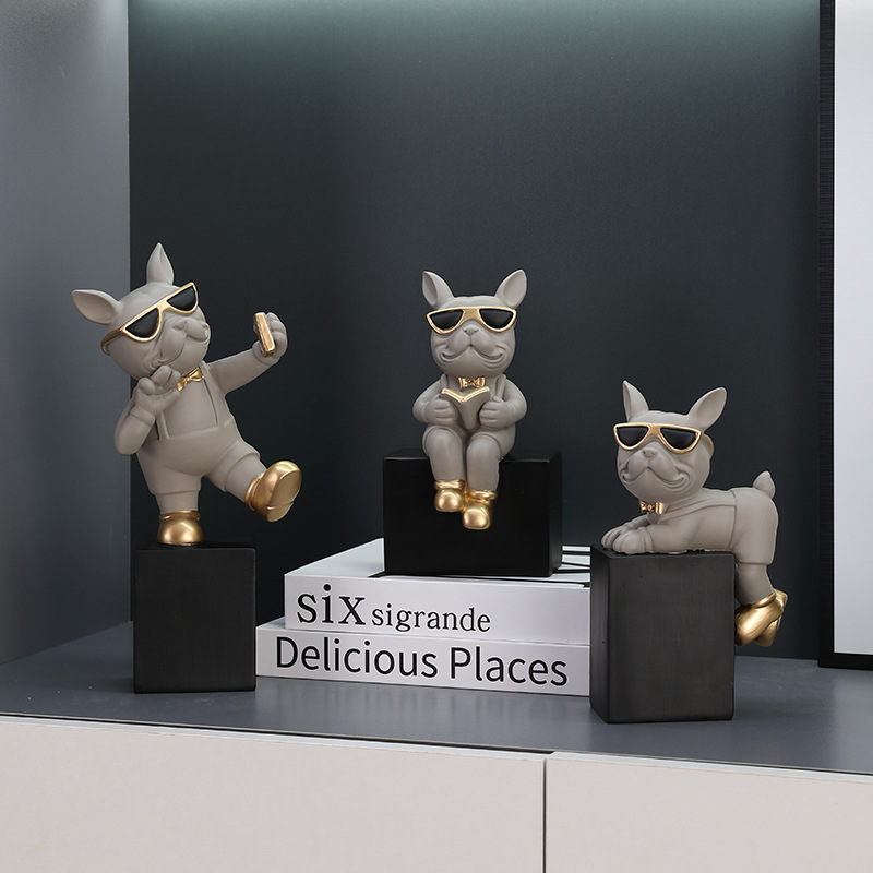 Set of Three French Bulldog Figurines, Nordic Style Home Decor, Living Room and Study Showroom, Wealth-Bringing Ornament, Opening Gift