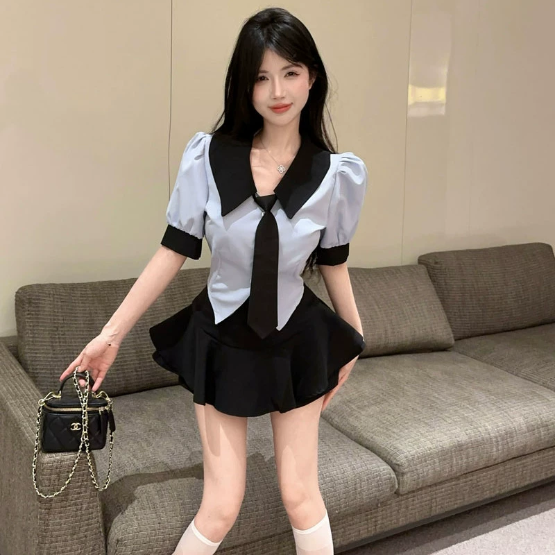 Маленький школьный стиль jk униформа костюм женский летний горячий девушка с короткими рукавами на талии рубашка с короткими рукавами с высокой талией юбка из двух частей