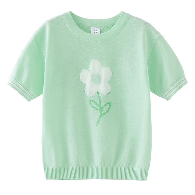 2023 ropa para niños nueva flor de seda de hielo niñas de punto de manga corta Camiseta para niños camisa de verano delgada entrega de una pieza