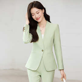 果绿色V领长袖小西装外套女裤子秋冬季新款两件套装职业时尚通勤