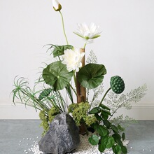 荷花植物造景酒店餐厅禅意绿植摆件花艺小景竹子莲蓬落地景观