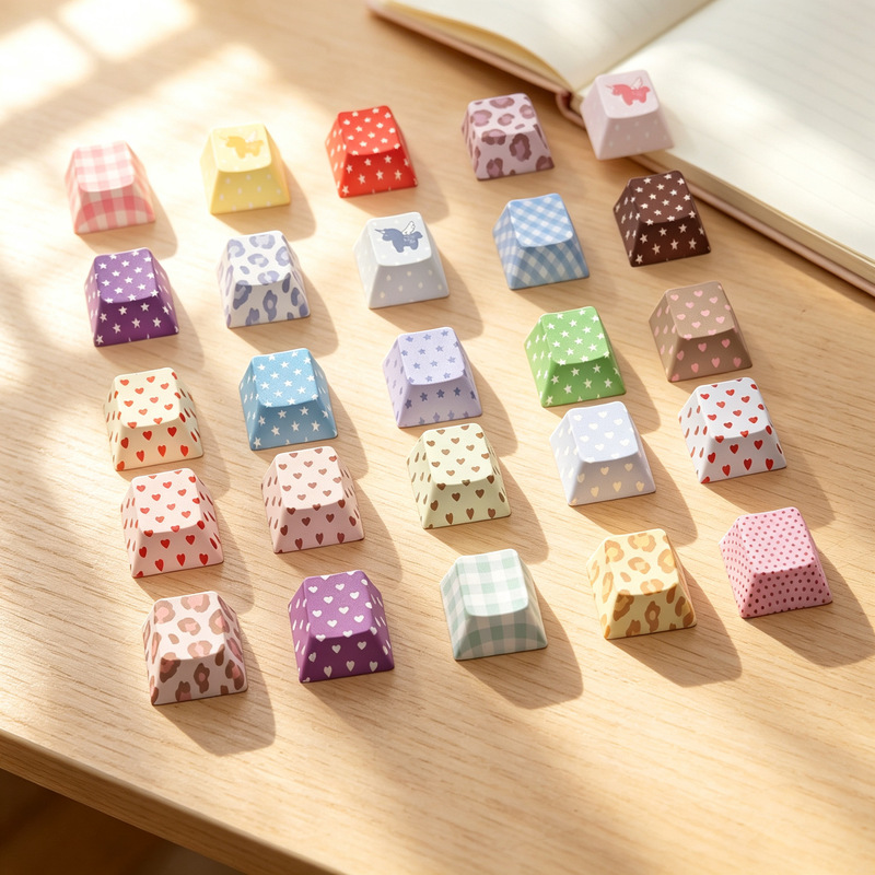 Ins-style sublimation keycaps with plaid, polka dots, and unicorn designs, XDA profile, cute cartoon custom mechanical keyboard
