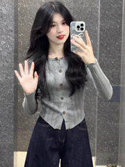 法式灰色小香风长袖针织开衫女早秋外穿短款毛衣外套奶fufu上衣薄