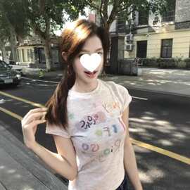 美式辣妹彩绘字母印花短袖t恤女夏季韩版收腰显瘦修身短款上衣潮