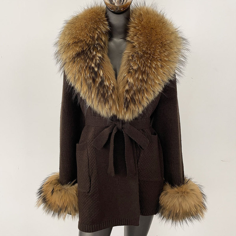 Women's Mid-length 25 Thickened Bathrobe Lazy Style Oversized Real Fox Wool Collar Knitted Sweater Jacket
