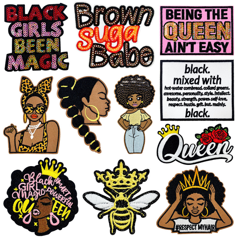 Black Girl Queen Themed Embroidery Patch Cartoon Character Clothing Luggage DIY Decoration Hot Melt Adhesive Patch