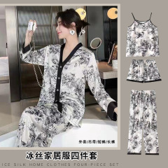 夏の新型パジャマ女性4点セット国潮風水墨画ファッションレトロ贅沢プリント家庭服セット女性