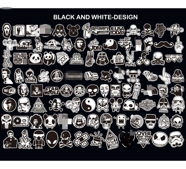 Sticker Set, PVC Printed, Assorted Graffiti Designs, Black & White, 50–100 pcs