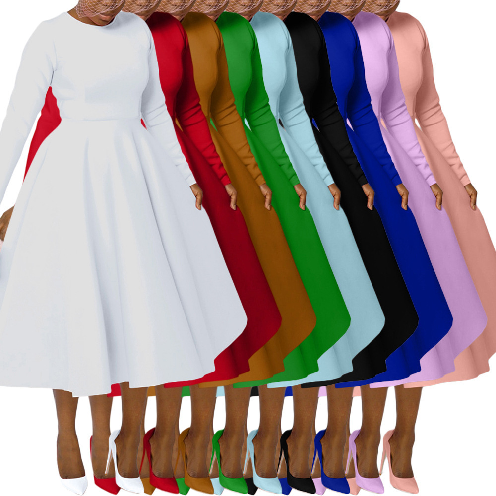 Bn305 Cross-Border Export European and American Clothing Amazon New Pure Color Round Neck Long-Sleeved Knife Back Dress