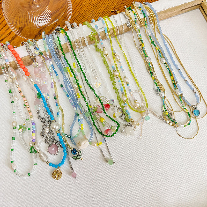 INS color caramelo con cuentas collar apilado vintage contraste color barroco perla Tulip colgante clavícula cadena femenina