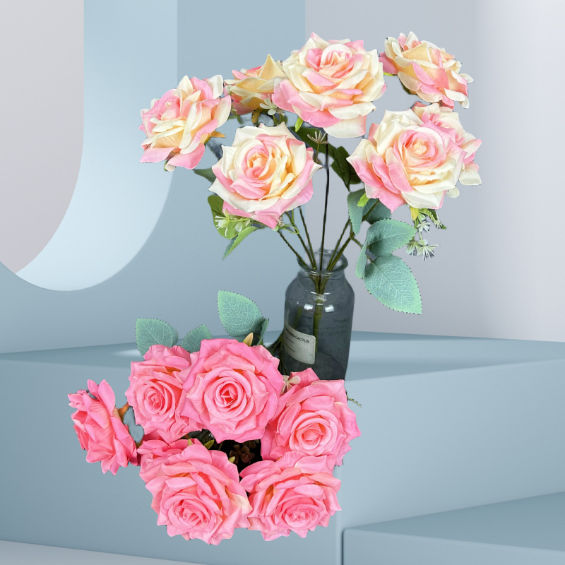 7-Cabeza de diamante Rosa flor artificial boda Hotel decoración ramo hogar boda habitación decoración flor falsa Flor de seda al por mayor