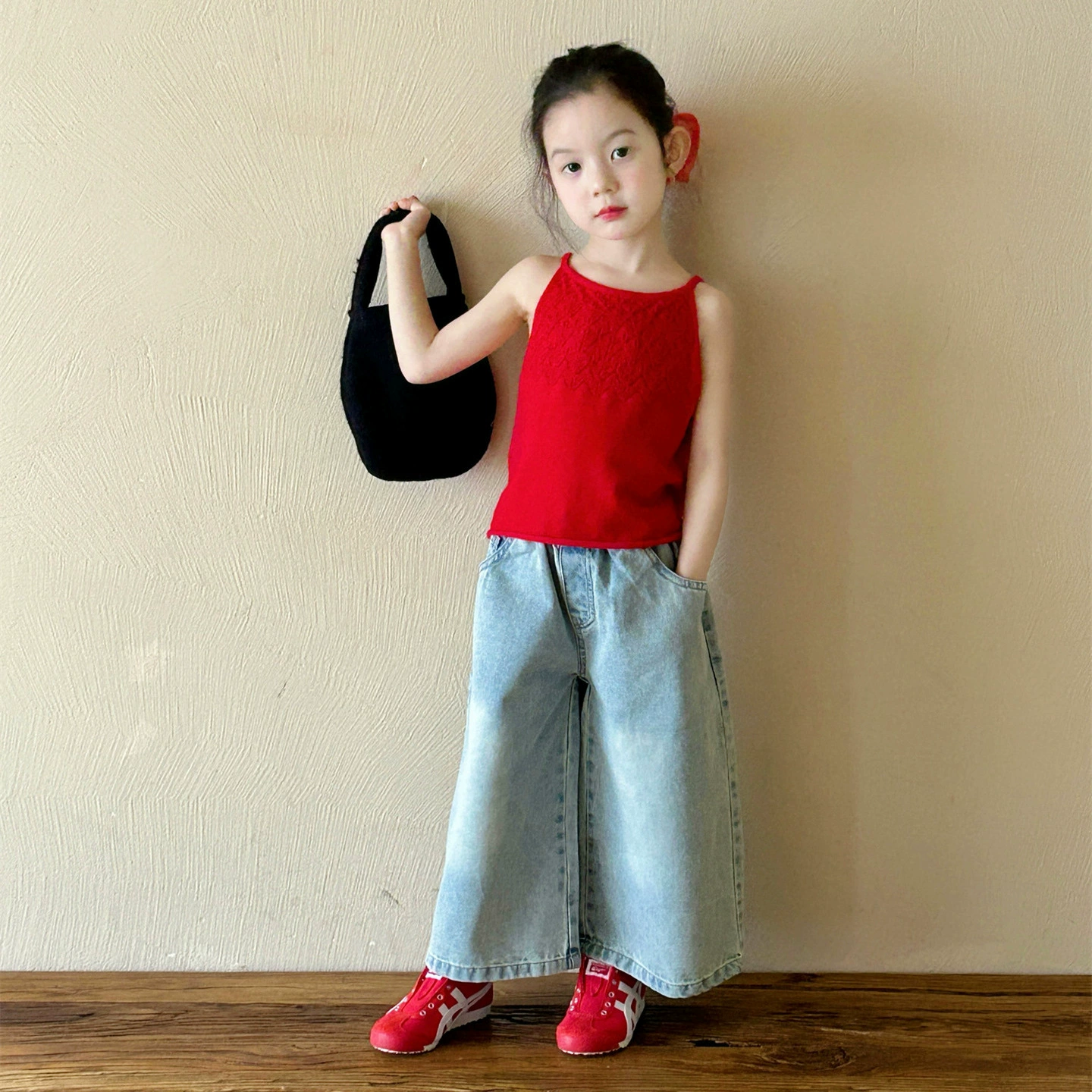 Лёгкая летняя рубашка, knitted жилет, джинсы, комплект, западный стиль, 3 предмета