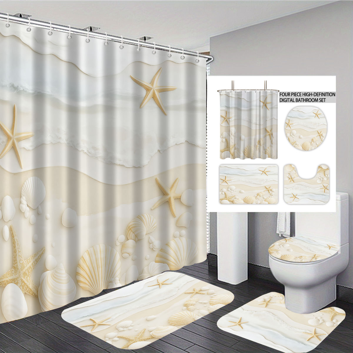 Mei Ke más cortina de baño impermeable serie de paisaje de playa impresión digital poliéster cortina de baño cuatro piezas un conjunto de cabello