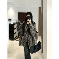 韩版宽松复古格子外套女2025春秋季新款慵懒风工装开衫上衣高级感