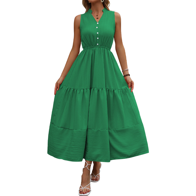 V-Neck Summer A-Line Skirt Women's Solid Color Sleeveless Stand-Up Collar Dress_ecoleips.com
