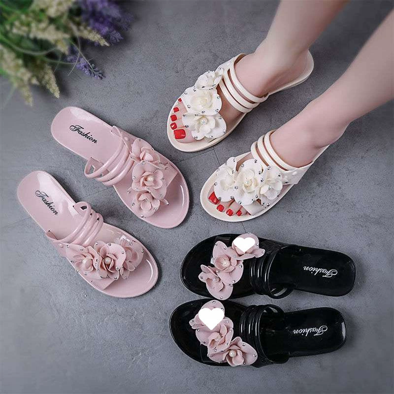 Женская обувь, тапочки, сандалии, пляжная обувь в корейском стиле, модные туфли с желеобразными кристаллами, водонепроницаемые и устойчивые к запаху пластиковые туфли на плоской подошве с цветами.