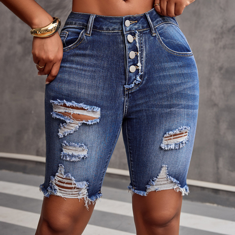 European and American Cross-Border Retro Casual Jeans Women's Button Placket Pocket Ripped Casual Denim Shorts