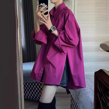 轻奢玫红色衬衫上衣女设计感小众春秋独特别致宽松防晒外套