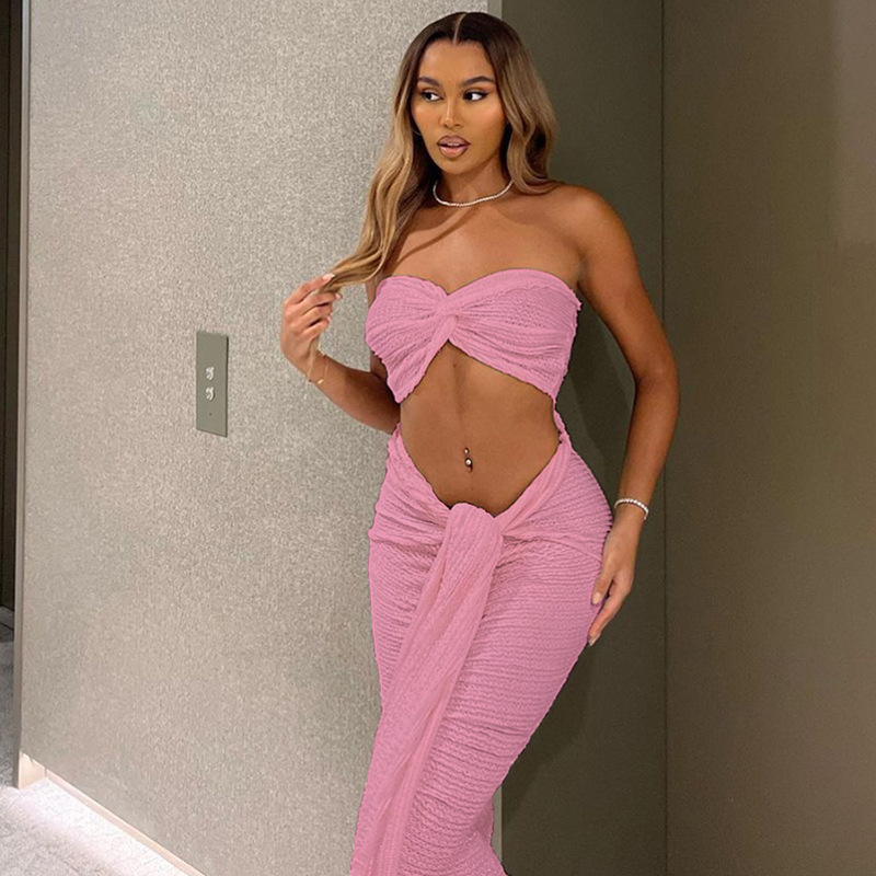 2025 Autumn New Fashion Sexy Strapless Vest Solid Color Slim Fit Crop Top Tie Long Dress Set_ecoleips.com