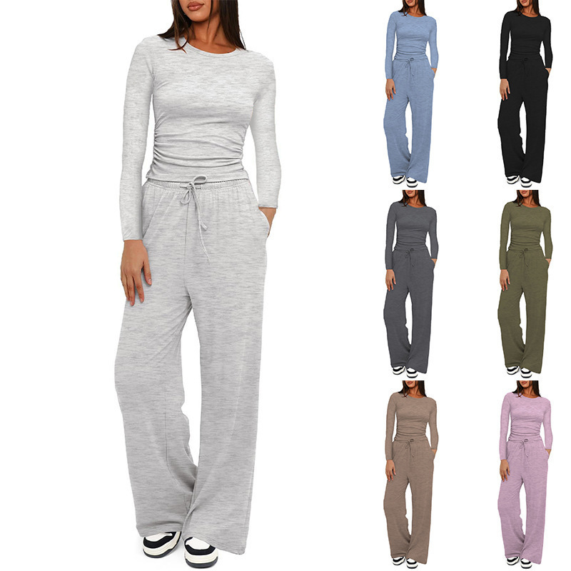 2025 Cross-Border European and American Amazon New Product Solid Color Casual Long-Sleeve Set Top High-Waisted Wide-Leg Pants Sportswear