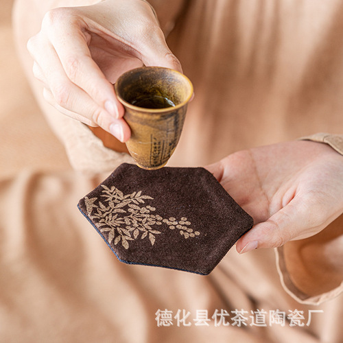 Excellent tea ceremony handmade tie-dye hexagonal coaster tea cup holder fabric pot tea mat tea table insulated tea ceremony accessories