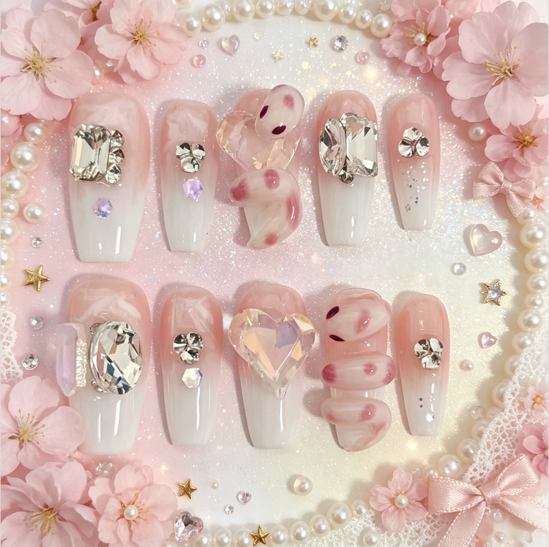 Cross-border 3D Snake Rhinestone Sparkling Purely Handmade Sakura Pink Cute Fresh Manicure Nails Short Wearable Nails Cross-border 3D Snake Rhinestone Sparkling Purely Handmade Sakura Pink Cute Fresh Manicure Nails Short Wearable Nails
