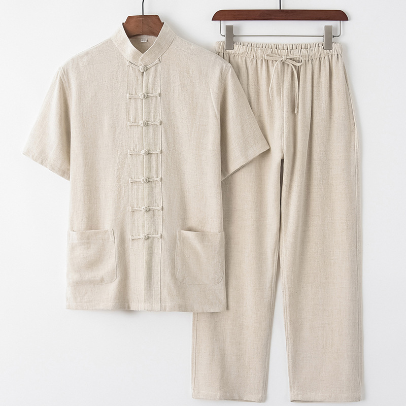 Men's Summer Tang Suit Thin Breathable Linen Short Sleeve Set Casual Dad Attire Style Retro With Frog Buttons_viptrois.com