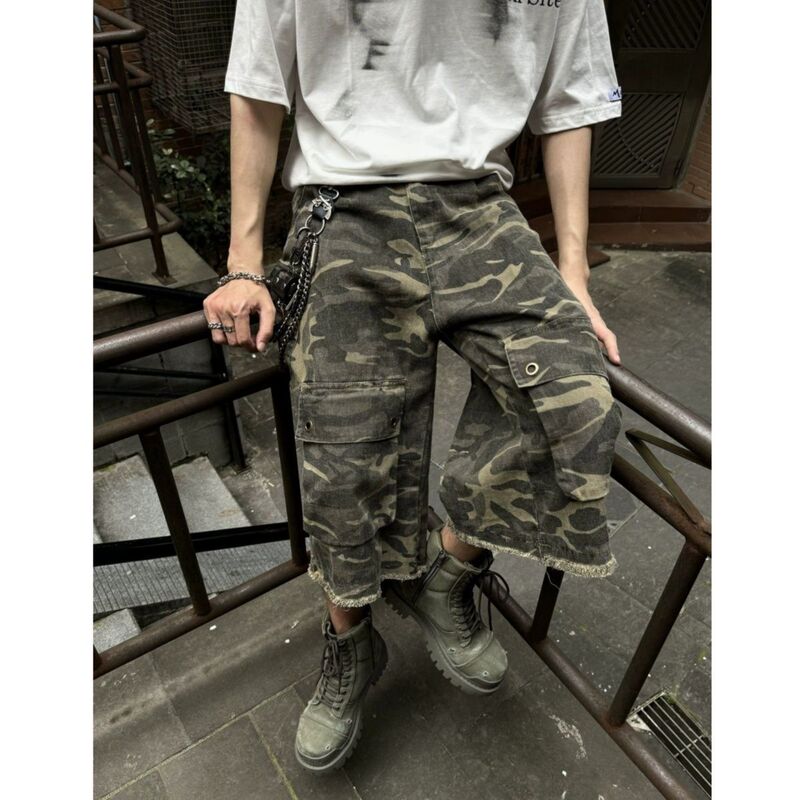 American Retro Hip-Hop Camouflage Workwear Wide-Leg Jeans for Men and Women, Oversized Casual Straight-Leg Cropped Pants for Summer