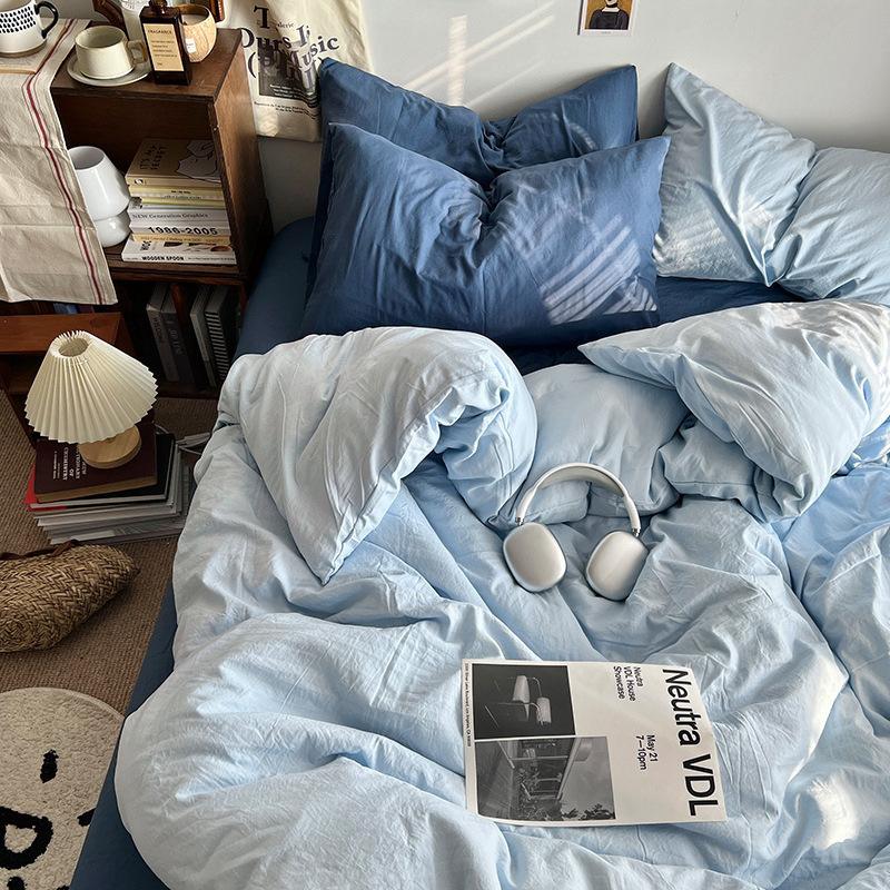 Class A Simple Solid Color Washed Cotton Four-Piece Single/Double Student Dormitory Quilt Cover Bed Sheet Three-Piece_voghion.com