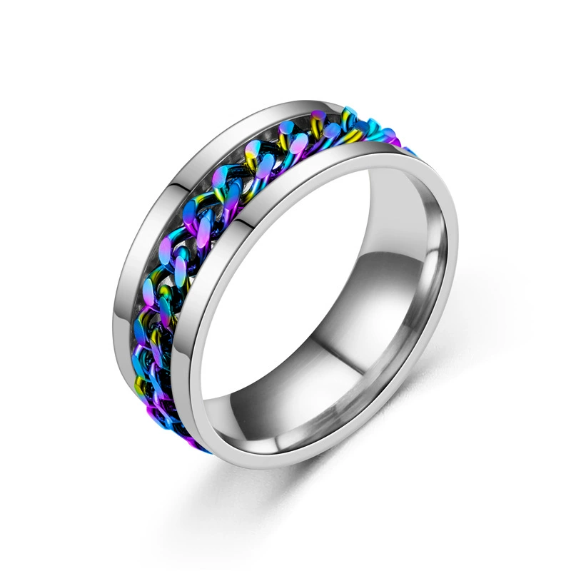 Stainless steel ring with chain inlay, multi‑color plating, sizes 6–13