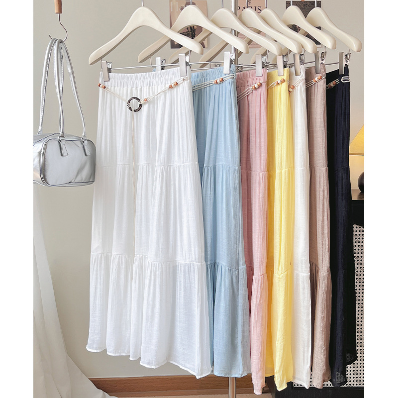 Japanese-Style Artistic Cotton and Linen Midi Skirt for Women, Summer High-Waisted, Hip-Covering, Slimming, Flowy, Extra-Large Skirt with a Long Train for Vacation