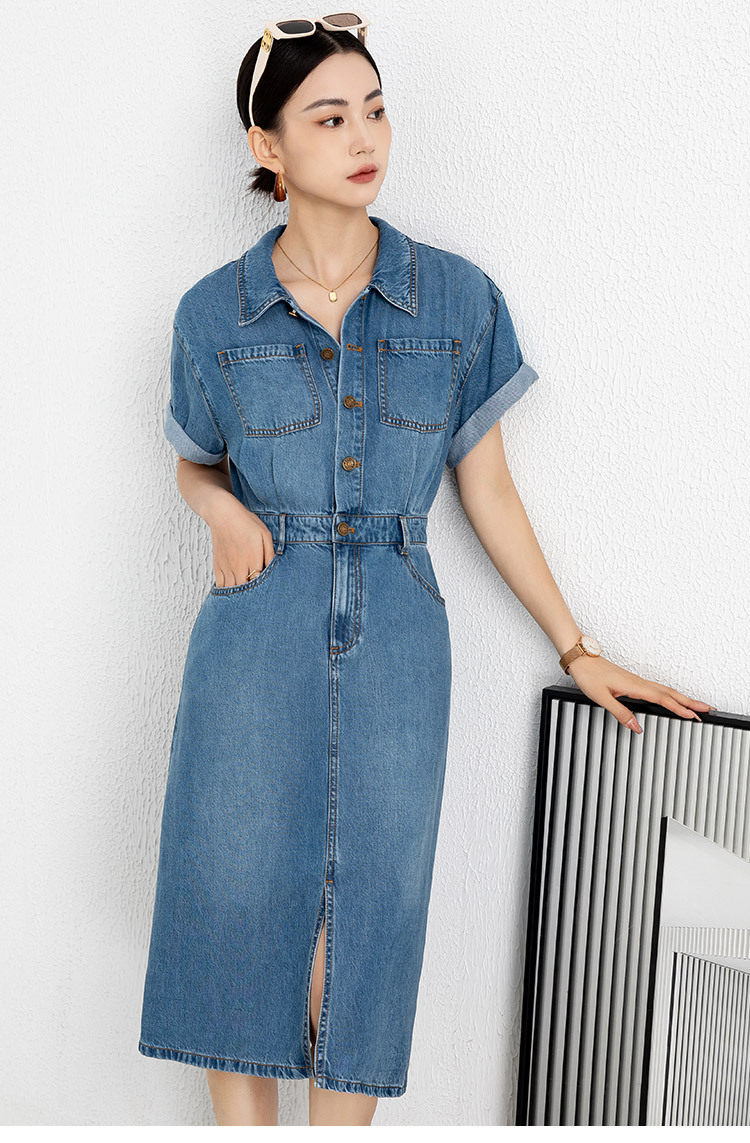Đầm maxi nữ thắt eo chất liệu denim phối tơ acetate mềm mại, không bí bách — xanh lam chi tiết 5