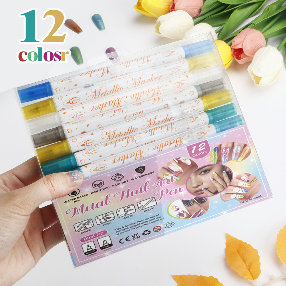 Ventas transfronterizas calientes de doble cabeza de uñas graffiti pluma 12 colores acrílico pintura pluma de pintura de cabeza suave DIY desgaste de nail tracker