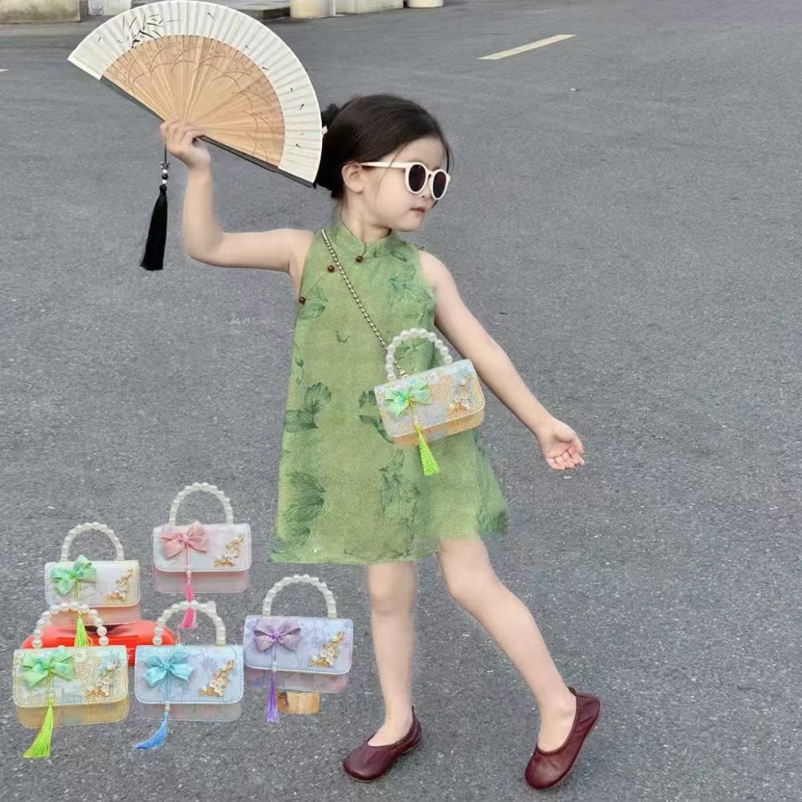 Bolsas de niños arco de estilo chino borda de niña pequeña princesa perla bolsa de cambio de mano al por mayor