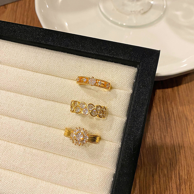 復古輕奢意大利拉絲精工圓鑽雙排鑽戒指氣質小眾設計百搭女食指戒