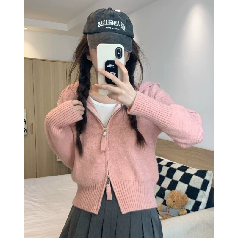 Женский 2023 Весна и Осень Новый женский свитер с капюшоном для небольшого базового короткого свитера Кардиган вязаная куртка