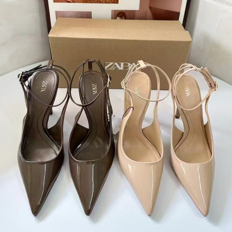 Za Women's Shoes 2025 New Versatile Pointed-Toe High-Heeled Stiletto Open-Back Shoes in Beige, European and American Style